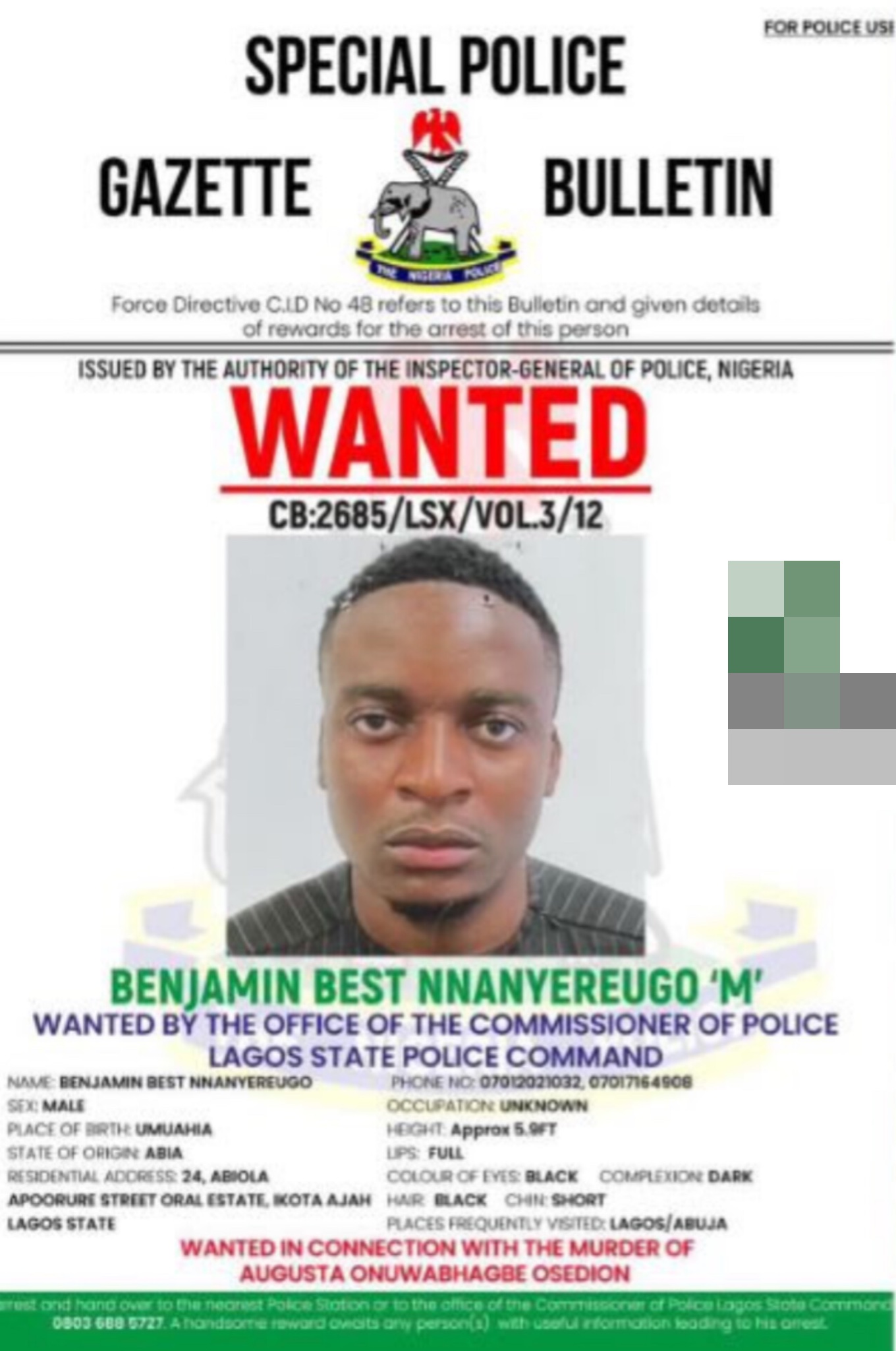MURDER: NPF COMPLETES EXTRADITION OF BENJAMIN BEST NNAYEREUGO ALIAS “KILLABOI” TO FACE CHARGES