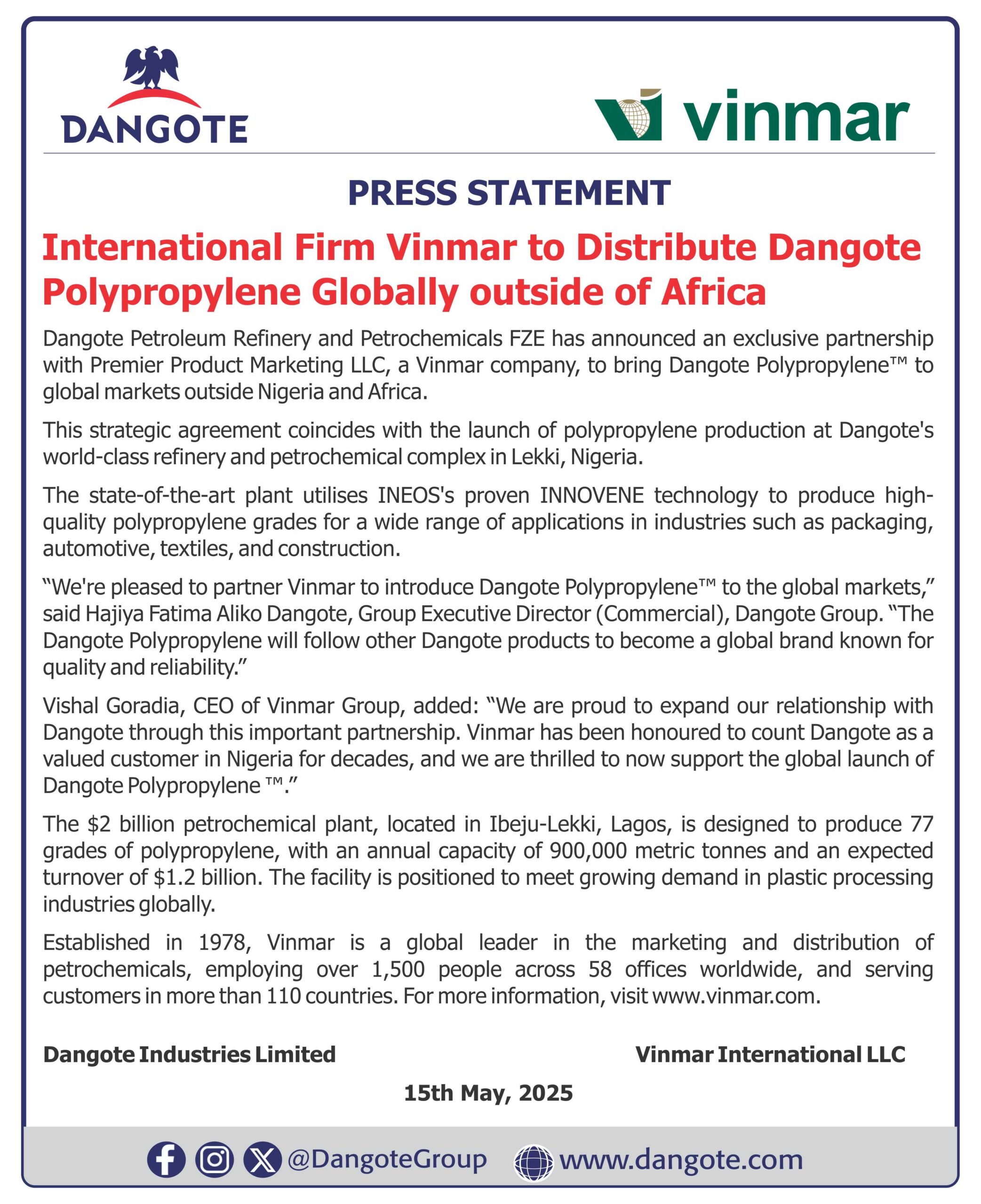 Dangote Partners Vinmar Distribute Polypropylene Globally…Targets \$1.2 Billion Annual Turnover