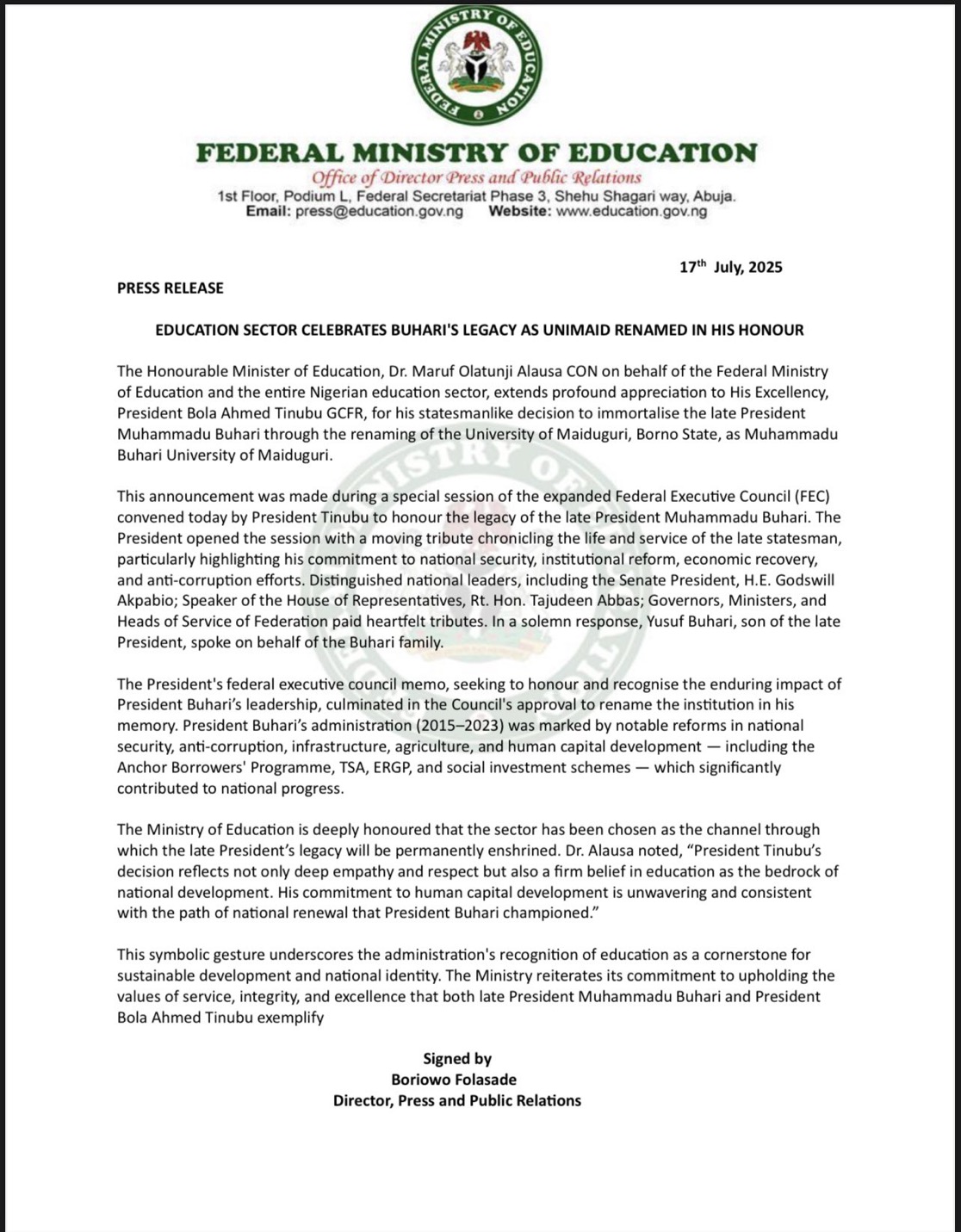 Tinubu Immortalises Buhari, Renames UNIMAID Muhammadu Buhari University Maiduguri