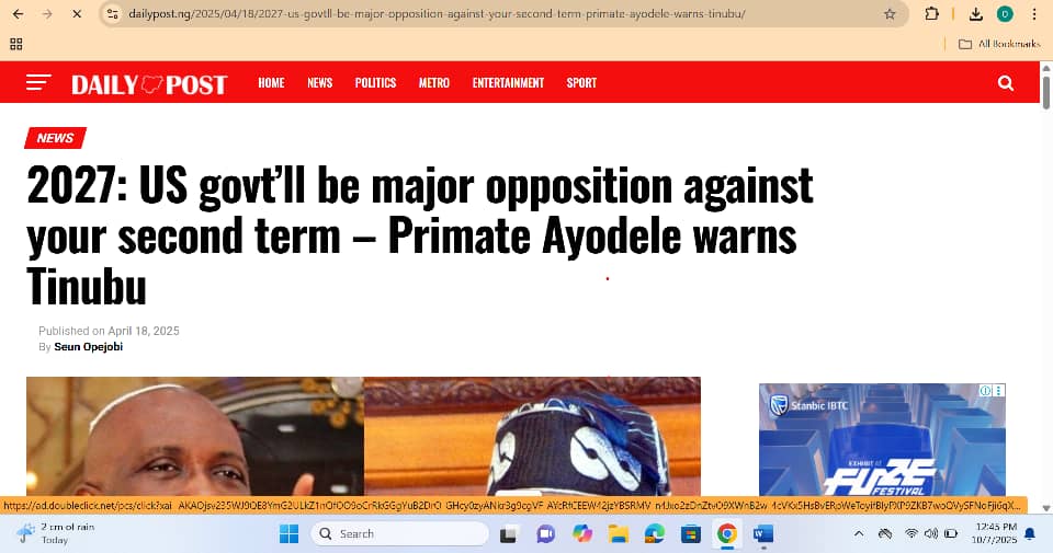 2027: Primate Ayodele’s Prophetic Warning to Tinubu Against America Coming to Pass