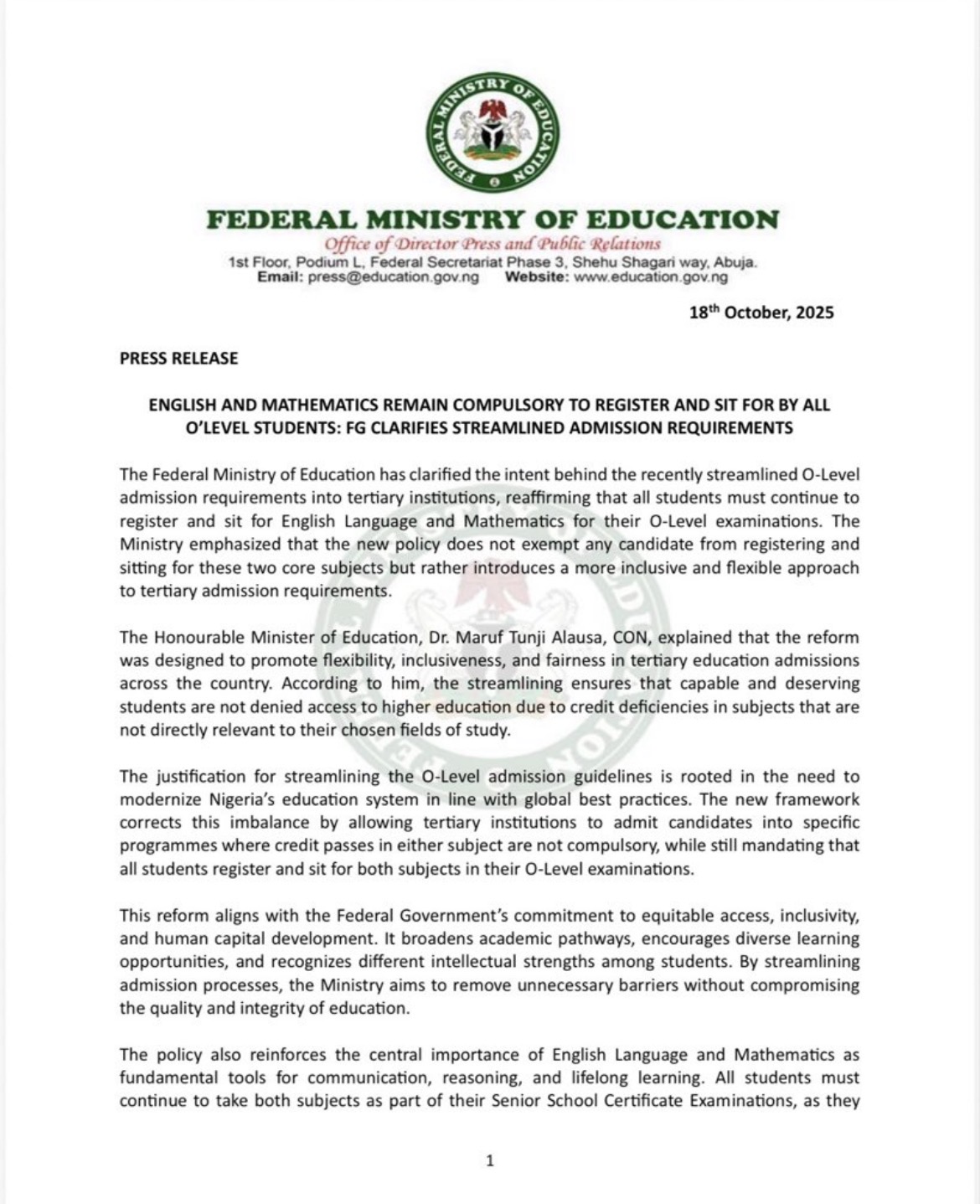 FG Clarifies Admission Policy: English and Mathematics Still Compulsory for All O’Level Students